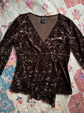 JTB Vintage Brown Velour Crushed Velvet Sequin Waist Asymmetrical Wrap Style Top